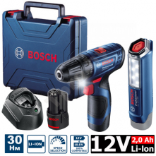 Bosch GSR 120 Li VRTACÍ ŠROUBOVÁK (2x2,0Ah, GAL1210CV, kufr, lampa) 06019G8004